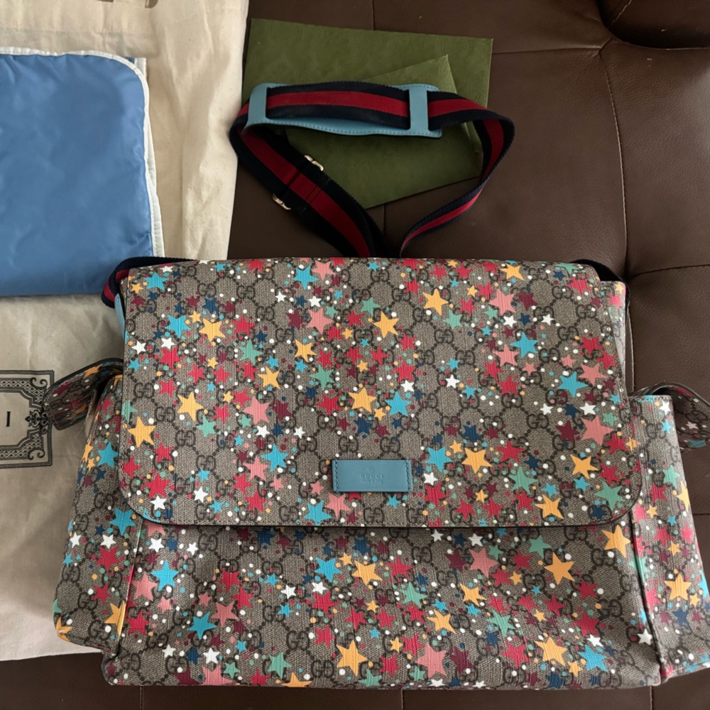 Authentic Gucci Star Patterned Canvas Diaper Bag with Blue Tag